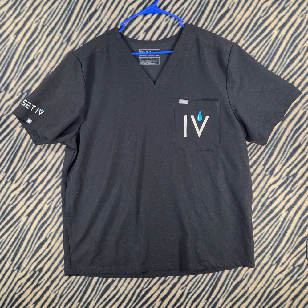 FIGS Technical Collection Scrub Top XXL Black V-Neck IV Graphic Medical Shirt